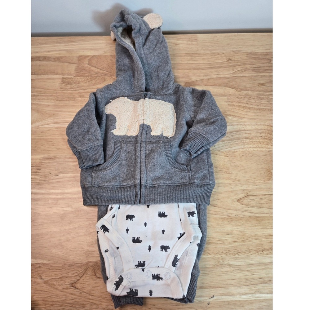 Carters Baby 3 Piece Set Gray Fleece Bear Hoodie Pants Bodysuit 3 Months
